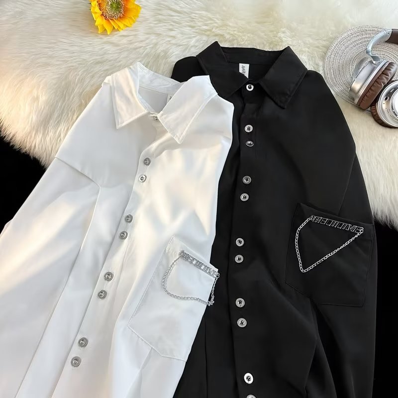 Erkek Zincir Detaylı Uzun Kollu Sokak Giyimi Gömlek Büyük Boy Düğmeli, Çıkarılabilir Aksesuarlı Gömlek (Siyah/Beyaz, M-3XL)_voghion.com