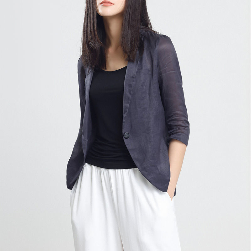 ng2510292 Damenblazer Sommer Neu Leichte Jacke Baumwolle Seide Leinen Dreiviertelärmel Slim Fit Atmungsaktiv Trendy_voghion.com