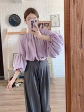 温柔风紫色灯笼袖衬衫韩式宽松显瘦设计感上衣高腰阔腿西装裤套装