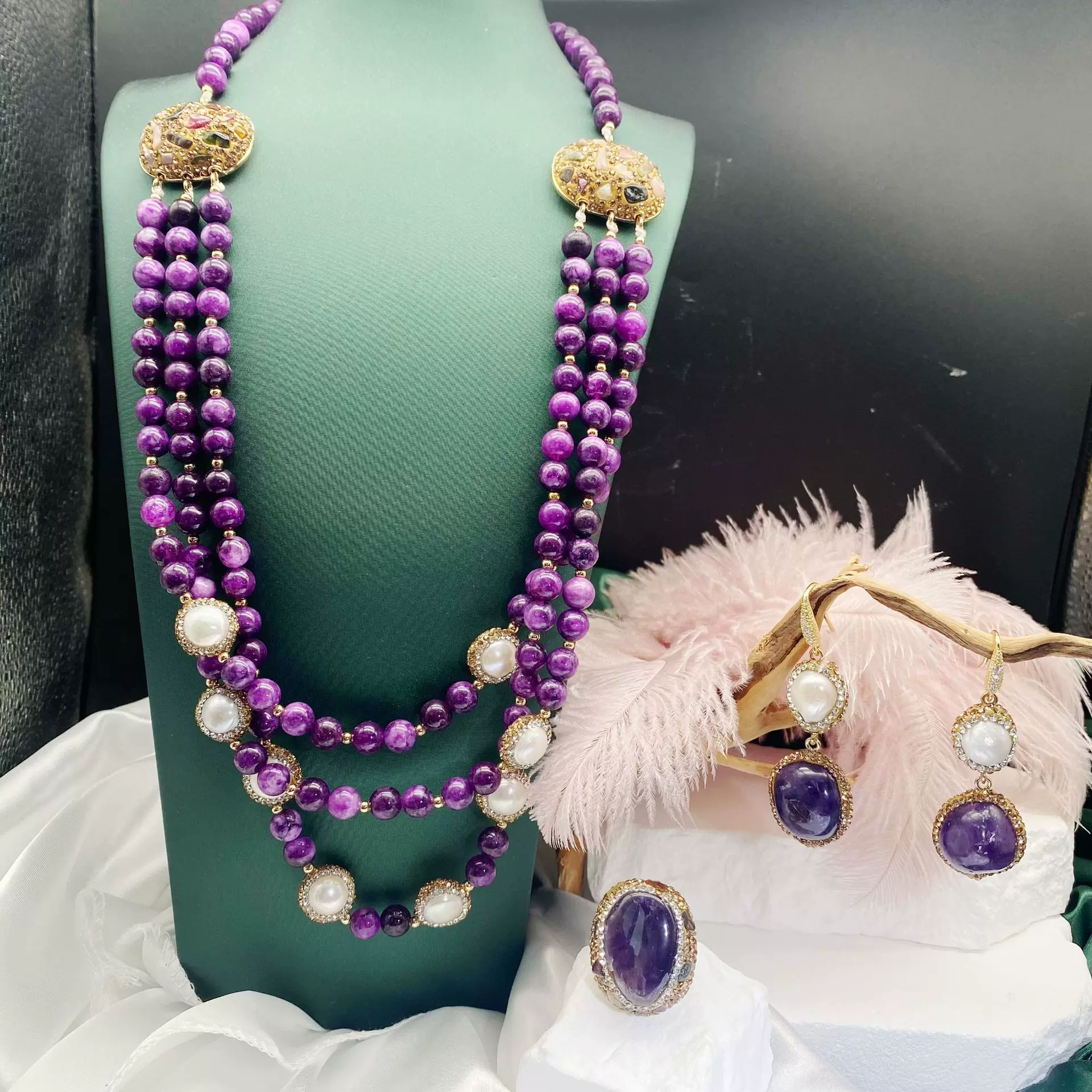 天然淡水珍珠首饰套装女设计感百搭气质项链耳环戒指厂家直销批发