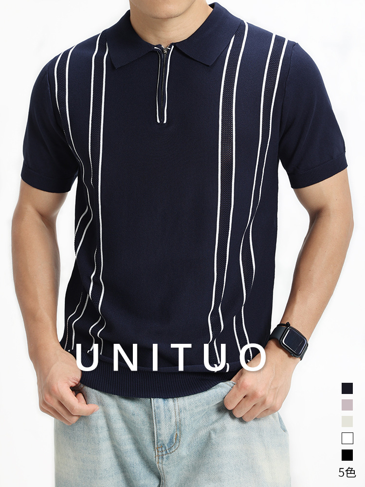 Transfronterizo de hombre hielo hombre polo camiseta de manga corta media cremallera estriada de negocios de alto nivel camiseta de verano hombre
