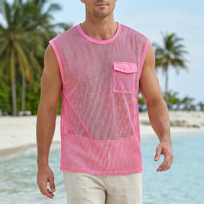 Cross-Border Men's Summer Mesh Vest Casual Breathable Sleeveless T-Shirt Beach Vacation Sports Fitness Top