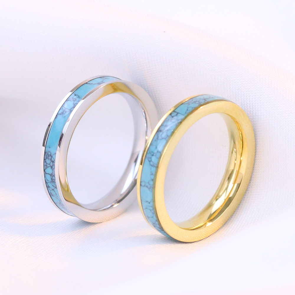 Simple Style Round Titanium Steel Inlay Turquoise Rings