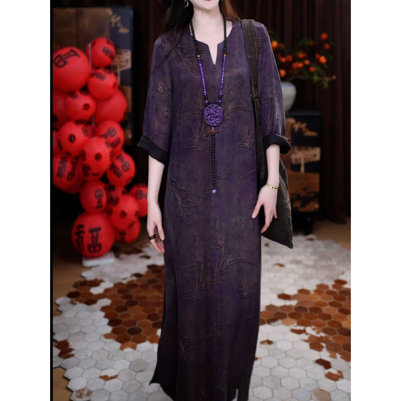 复古女裙优雅印花V领连衣裙春季新款贵夫人长裙遮肉显瘦A字裙8130|undefined