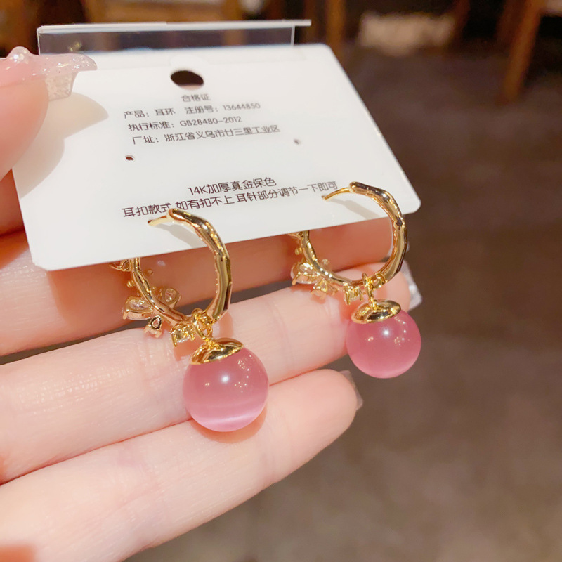 Fashion Gold Copper Inlaid Zirconium Flower Cat Eye Hoop Earrings