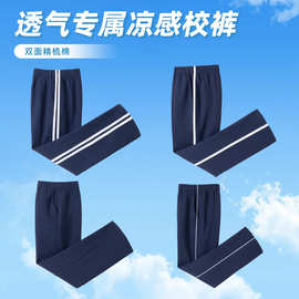 校服裤深蓝色夏季高腰舒适弹力初中高中学生透气一二三道白杠校裤
