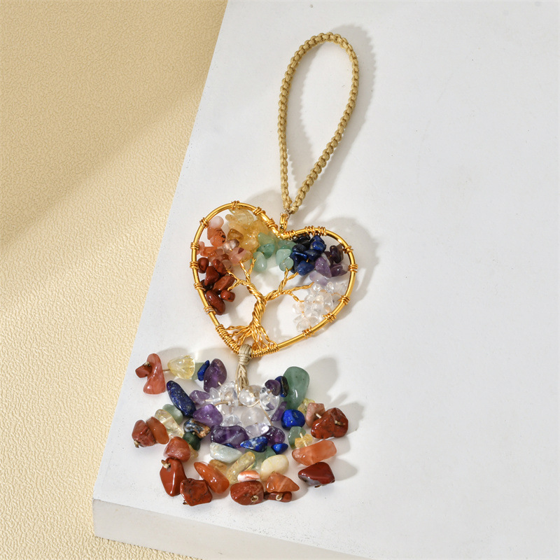 Natural cristal grava ronda árbol de vida cuerda colgante clave colorido borla en forma de corazón tejido coche colgante adornos