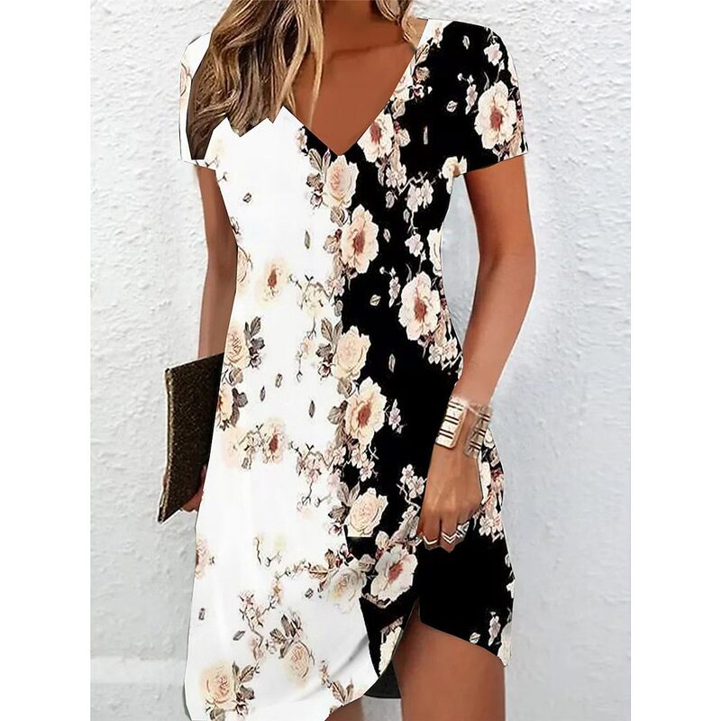 Women's T-shirt dress casual dress summer floral print V-neck mini dress daily short sleeve