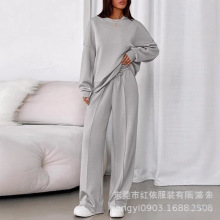 女式连帽休闲套装秋冬季亚马逊欧美女装新款纹理家居服两件套女