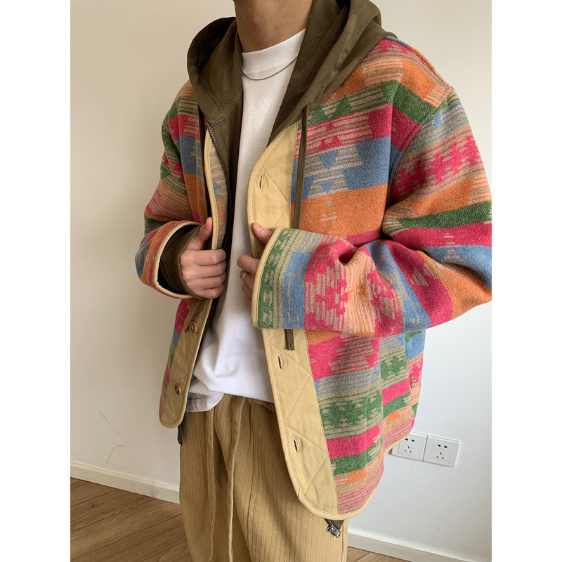 Autumn Fashion Men's Coat Spring Retro All-match Ethnic Style Contrast Color Wool Material Rainbow Jacket for Men