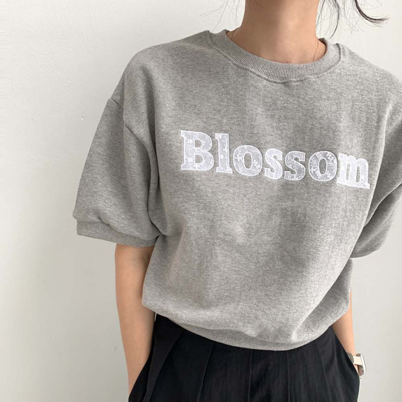 French Niche Letter Lace Embroidered Jacquard Short Sleeve Thin Sweat Top for Women French Niche Letter Lace Embroidered Jacquard Short Sleeve Thin Sweat Top for Women