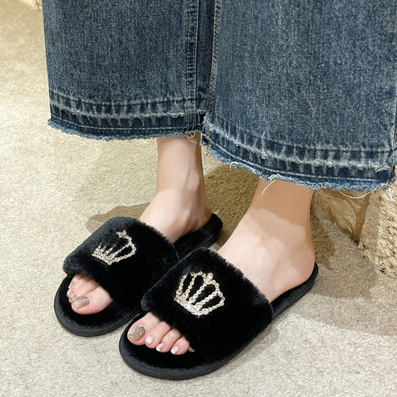 New Open crown plush slippers Women's Home warm flip flops rhinestone plush slippers cross-border cotton slippers wholesale