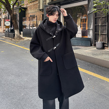 高街男长款连帽牛角扣呢子风衣潮外套宽松毛呢大衣 BY12 128