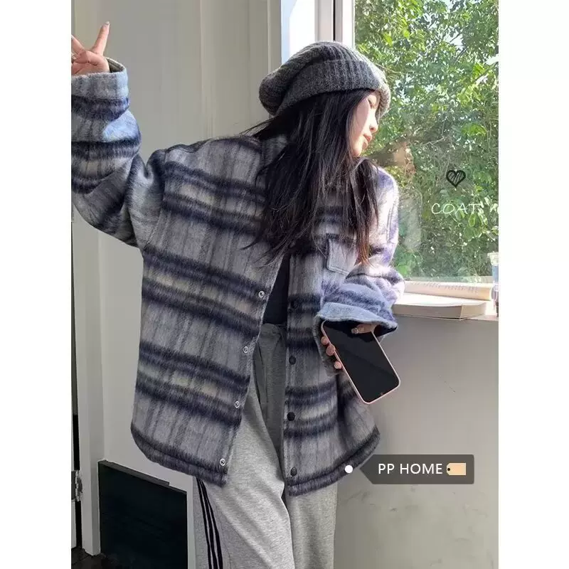 跨境棉致格子毛呢外套女冬季夹棉加厚棉衣潮牌美式复古小香风棉服
