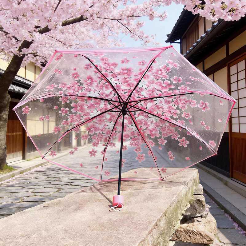 Transparent Folding Umbrella with Cherry Blossom Design, Trendy and Fresh Style, Sturdy for Students, New Model, Thickened, Forest Style, Portable