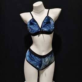 欧美外贸大码内衣丝绒扎染大胸无胸垫睡眠文胸套装加肥加大胸罩