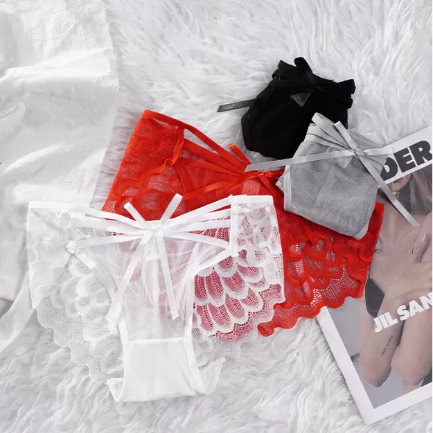 活动法式少女心结蕾丝内裤纯欲蝴蝶结镂空性感透明网纱中低腰三角
