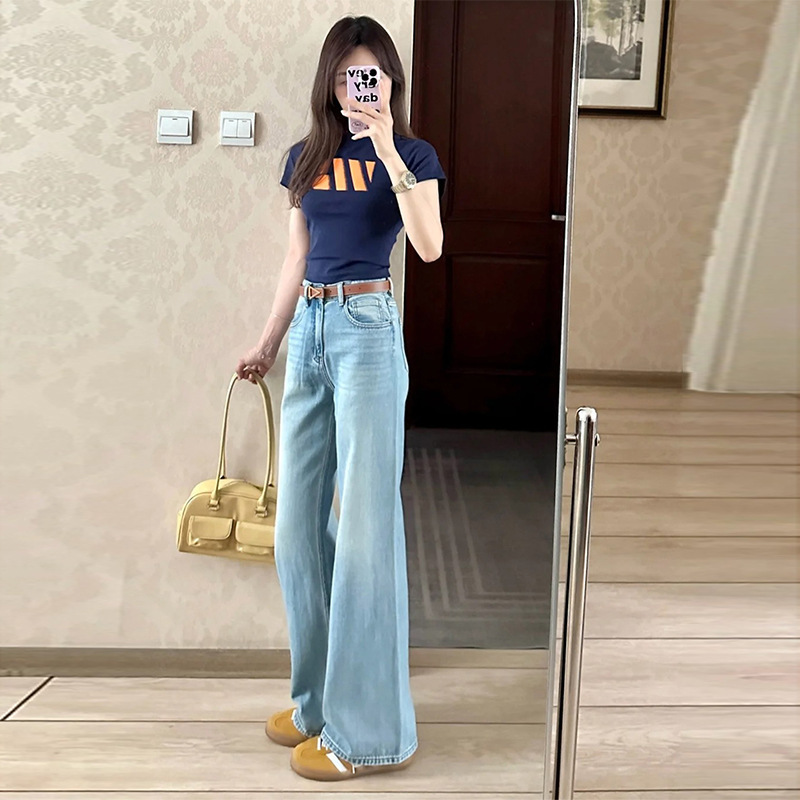 2025 Spring light blue Straight Jeans Women's New Loose Dipped High Waist Narrow Wide Leg Pants for Small Men