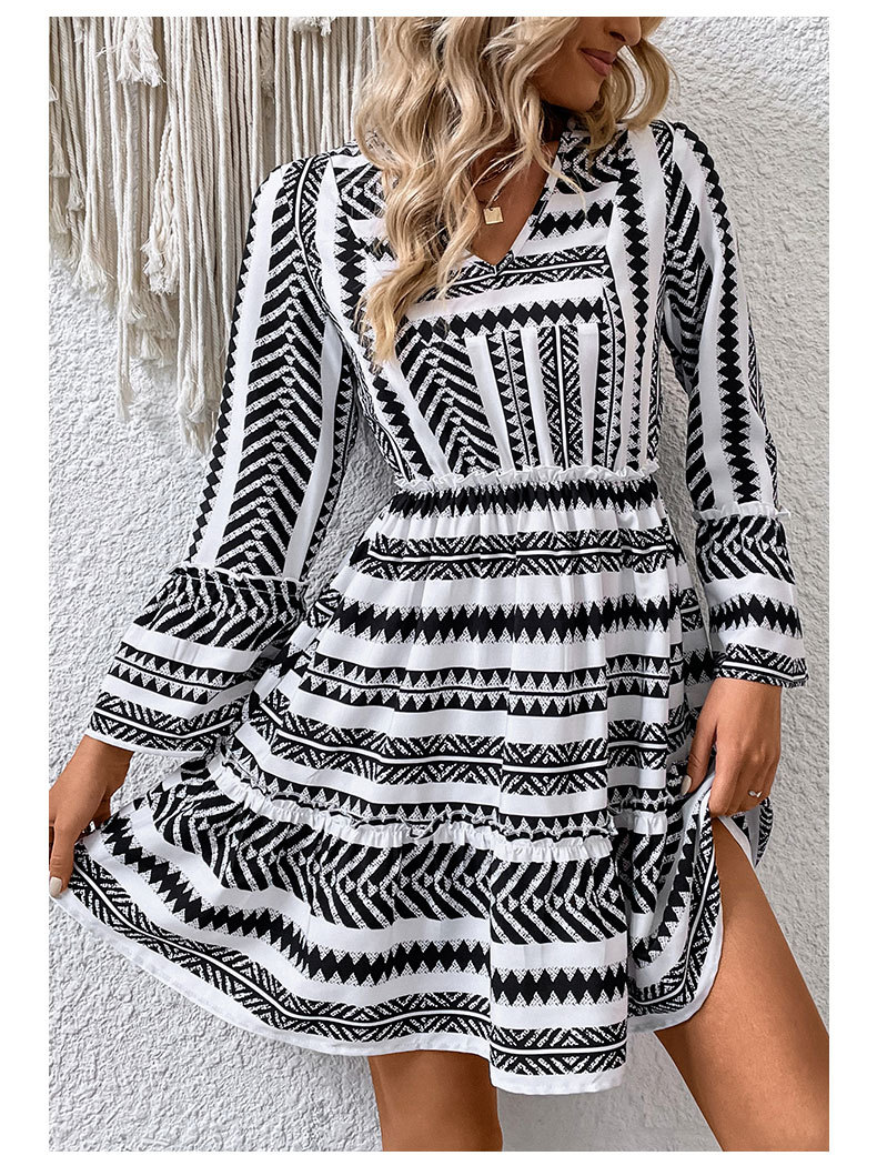 Fashion Color Block V Neck Long Sleeve Printing Polyester Above Knee A-Line Skirt