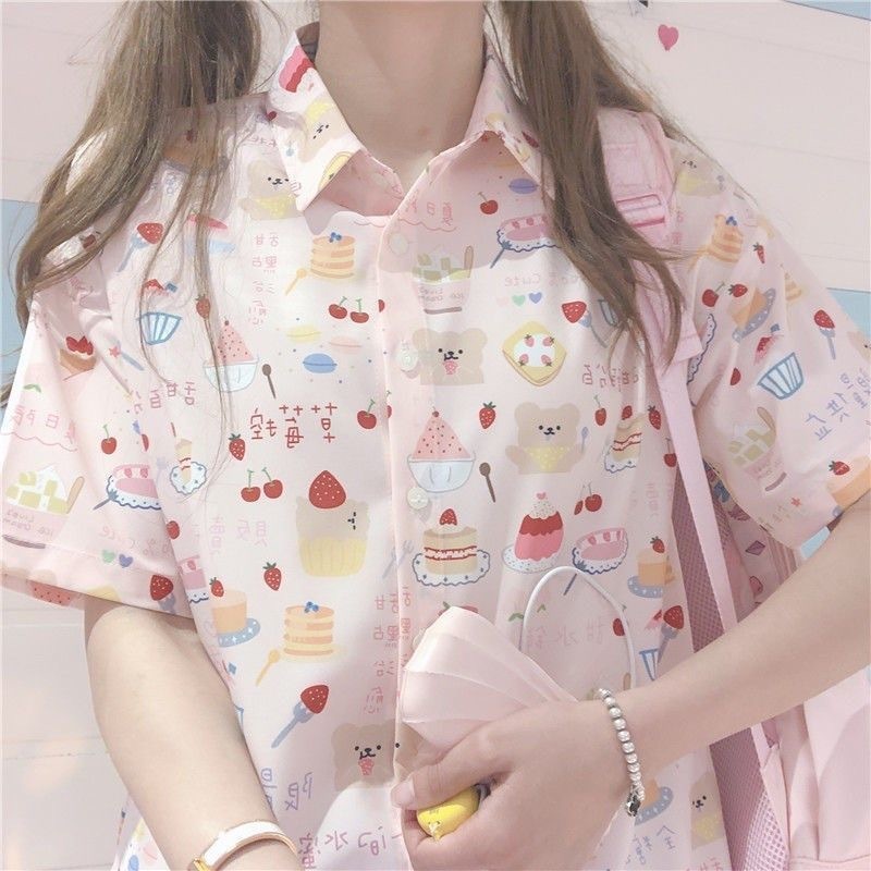 オーバーサイズ日本ハワイアニメーションフルプリント半袖シャツ女性の夏香港スタイルカップル半袖花柄シャツトレンディ|undefined