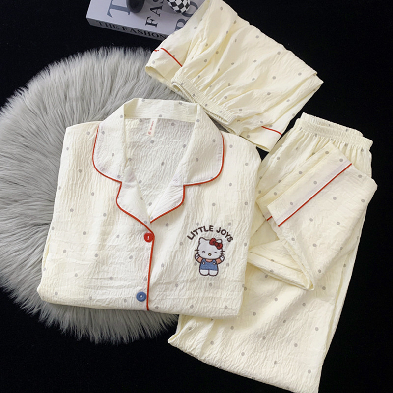 Japonés helloKitty nube de algodón puro pijamas de pareja verano de manga corta para mujer servicio a domicilio de tres piezas para hombre