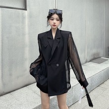 潮流镂空薄款拼接长袖西装外套女春秋宽松设计感微透网纱休闲西服