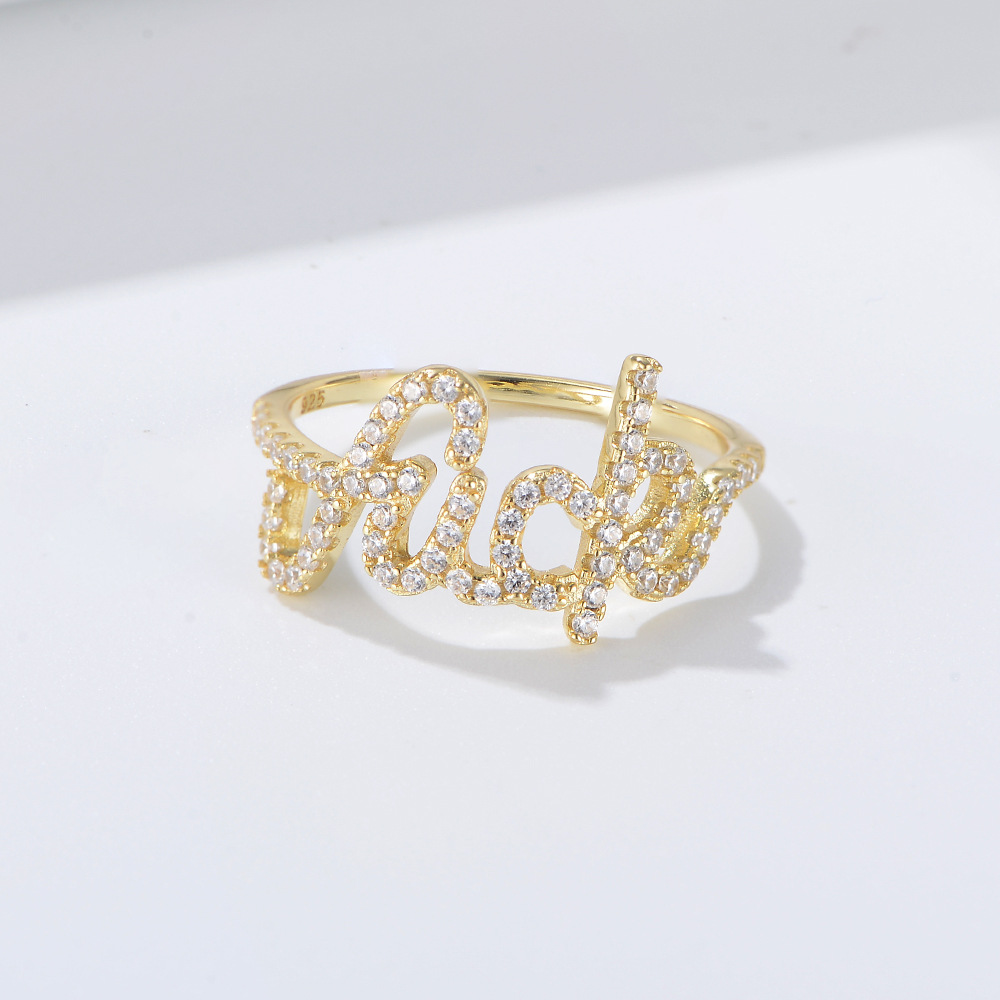 14K Real Gold Plated Plating Material Zircon Inlay Material 925 Sterling Silver Zircon Letter Rings