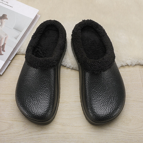 Cotton slippers, men's cashmere chef's shoes, indoor and outdoor home non-slip, waterproof, thick sole, plush warm head, large size cotton shoes