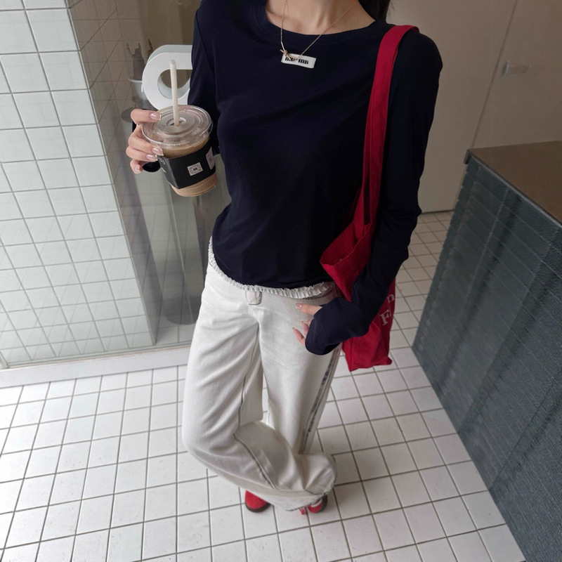 南油天丝蕾丝花边T恤女2025秋季新款圆领宽松显瘦薄款长袖上衣|undefined