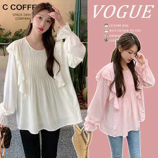 Real Shot, Ready-Made, Autum New Korean Style Loose and Sweet Ruffled Tops for Pregnant Women, Sweet and Cute