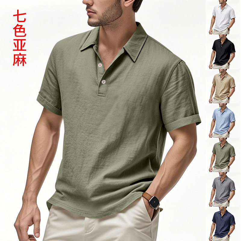 European and American Cross-Border Summer Versatile Men's British Casual Button-Down Loose Linen Polo Shirt Short-Sleeve Shirt for Men European and American Cross-Border Summer Versatile Men's British Casual Button-Down Loose Linen Polo Shirt Short-Sleeve Shirt for Men