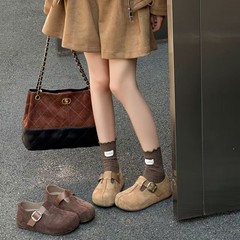 真皮勃肯鞋女2025新款复古全包厚底增高4CM豆豆鞋软底一字扣单鞋