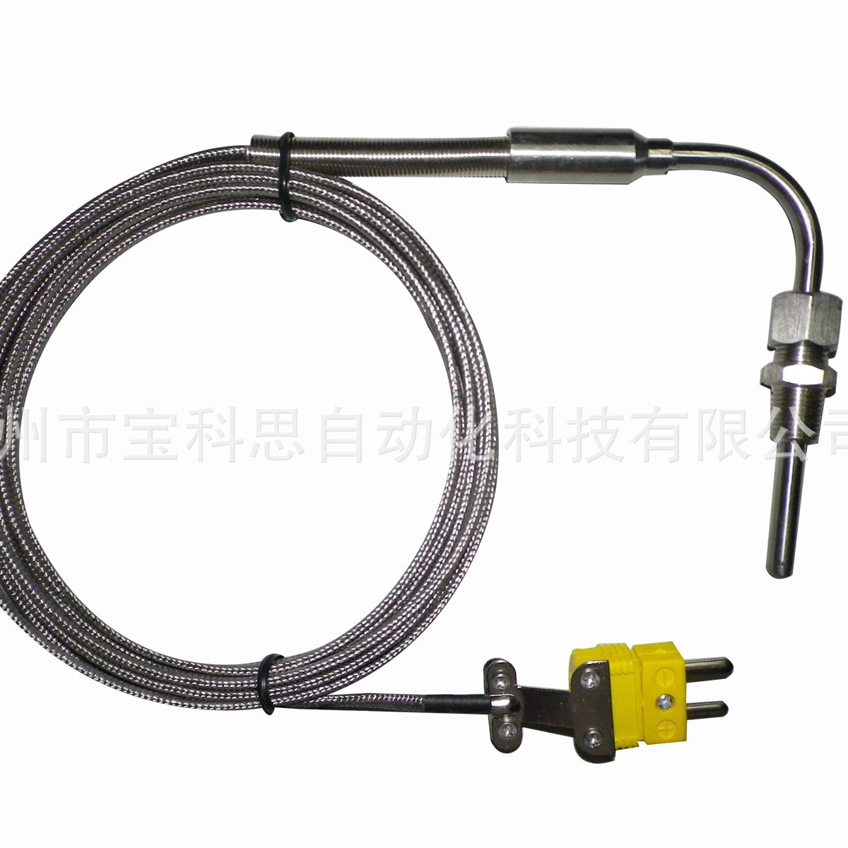K型开口弯头式热电偶传感器带黄色公插头配夹件废气温度探头
