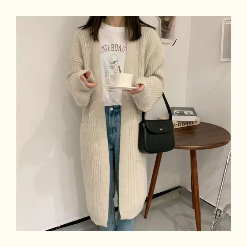 韓国風の快適な大きなポケット厚いウールの膝丈グレーミッドレングスセータージャケット女性のための春と秋の暖かいカーディガン|undefined