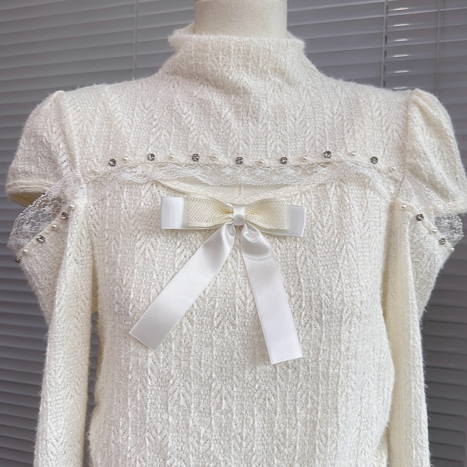 小香风女秋冬假两件泡泡袖上衣半高领蕾丝打底衫圣诞节内搭白色