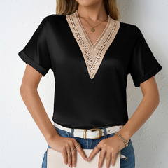 跨境歐美亞馬遜女裝新款v領緞面T恤 仿真絲蕾絲寬鬆短袖上衣女