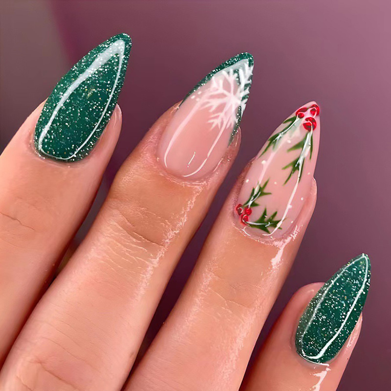 Cross-border Christmas Snowflake Fine Flash Drop Nail Green French Wear Jiamei Wholesale Press on Nails Cross-border Christmas Snowflake Fine Flash Drop Nail Green French Wear Jiamei Wholesale Press on Nails