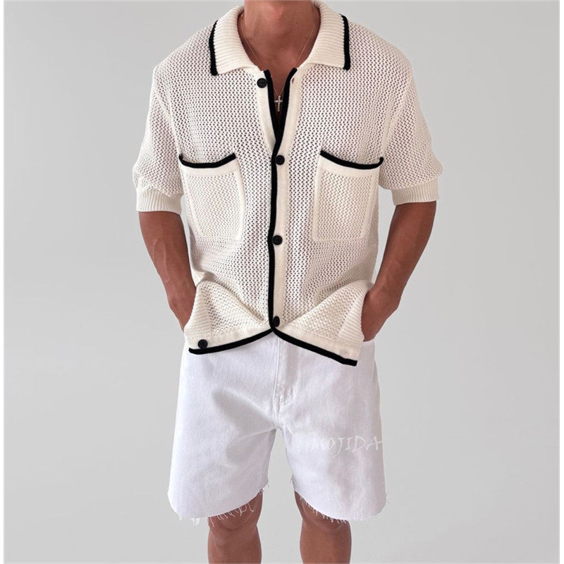 Polo camiseta de punto camiseta de manga corta camiseta con solapa cardigán hombre pequeño bolsillo de viento fragante viejo viento verano fábrica transfronteriza al por mayor