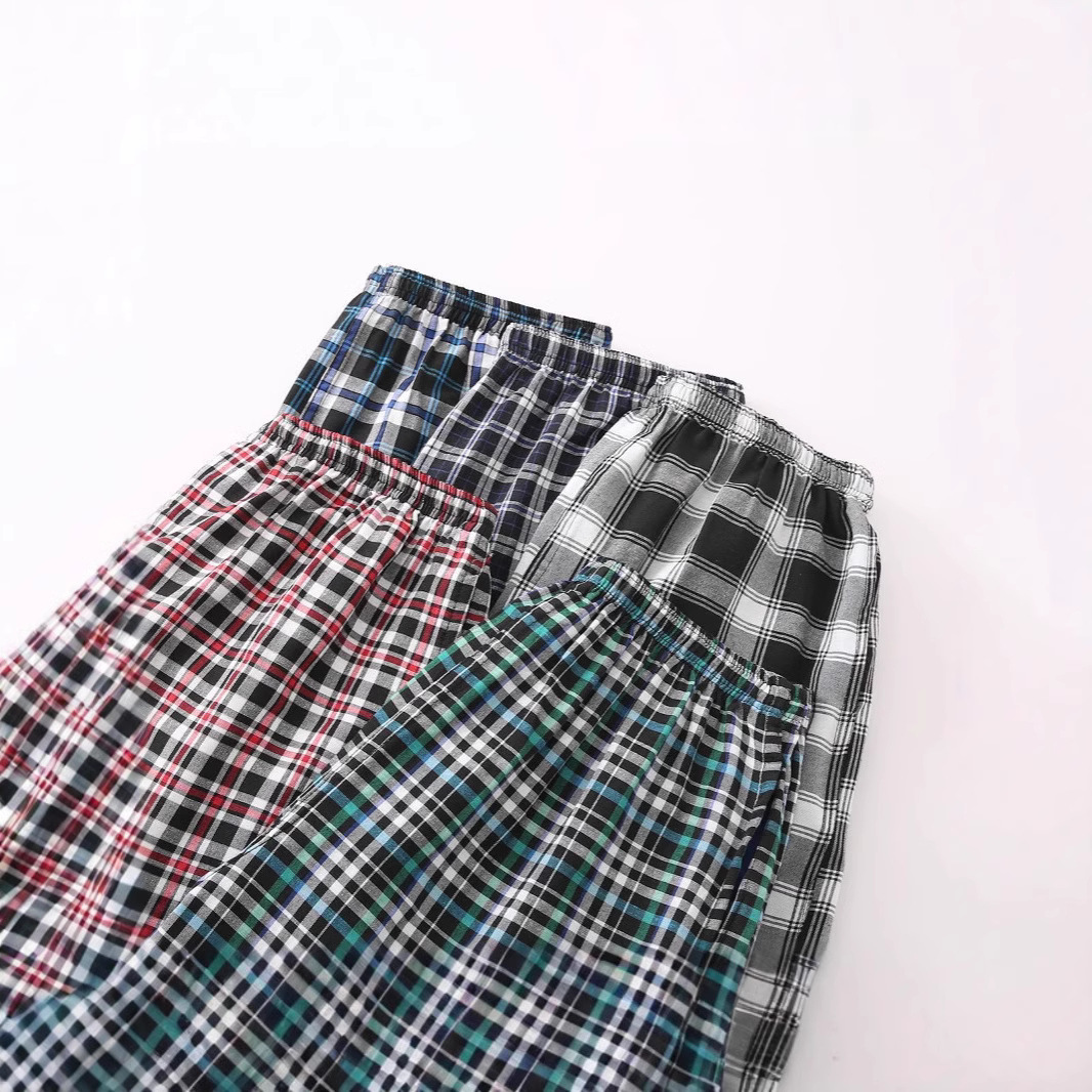 Men's cotton summer lounge pants, gauze five-point pants, plaid beach pants, thin style for home wear, outerwear, sleep pants, casual wear