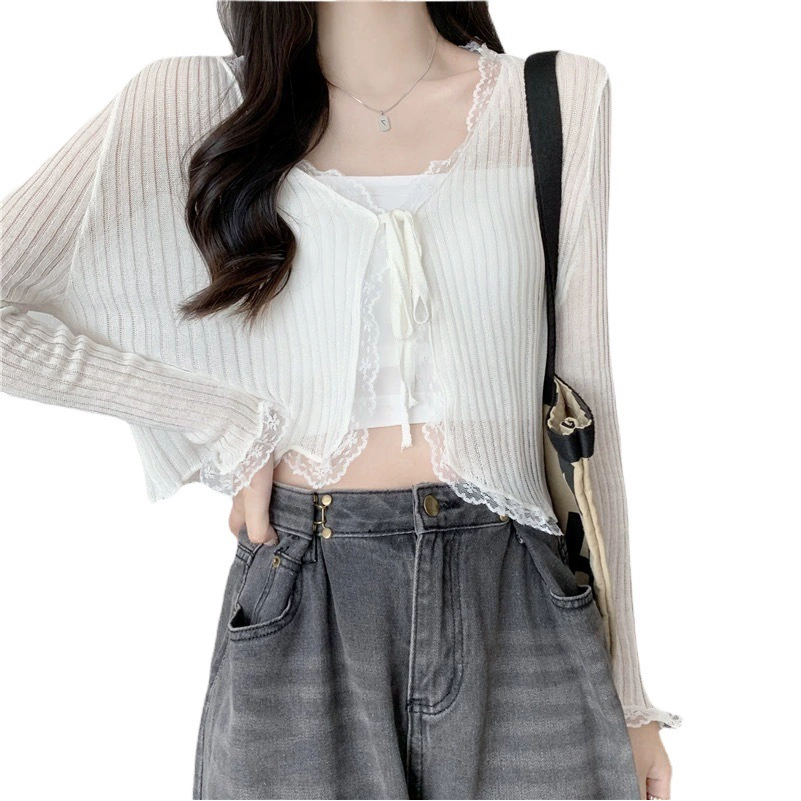 Сладкий и свежий кружевной вязаный кардиган на шнуровке с оборками, Женская Солнцезащитная блузка, Тонкий Топ, женское лето