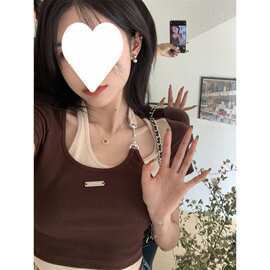 港味链条挂脖短袖恤女夏季韩版设计感不规则假两件撞色上衣
