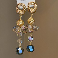 中古风立体几何形方糖水晶长耳环电镀18K哑金复古重工高级感耳坠