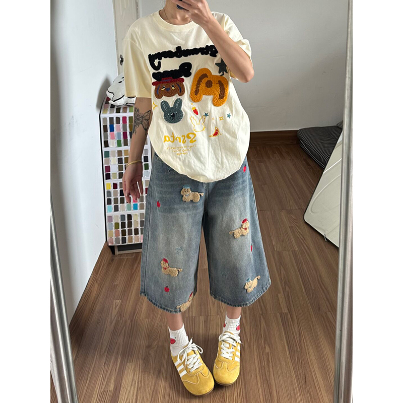 Women's Summer Low-Waist Cropped Jeans, Straight-Leg Denim Capris, Loose Wide-Leg Slimming Pants for Women