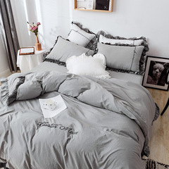 Korean-style Instagram princess lace floral edge washed cotton four-piece set solid color embroidery skin-friendly fuzzy duvet cover set wholesale