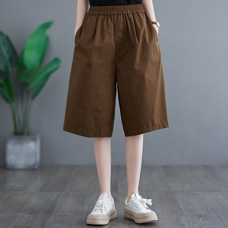 Actual Shot of 2025 Summer New Retro Large Size Loose Casual Pure Color Versatile Elastic Waist Three-Quarter Wide Leg Pants for Women