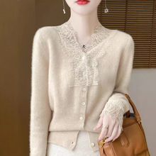 V领蕾丝镂空100%纯羊绒开衫秋冬款长袖毛衣宽松羊毛衫针织外套潮