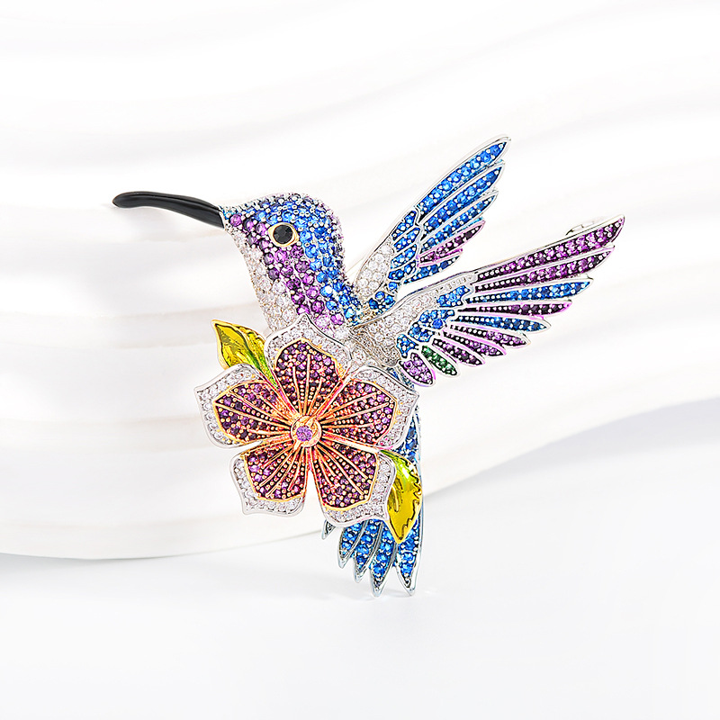 Enamel hummingbird flower brooch, European and American vintage full-diamond brooch, dress and suit accessory, available for one-piece drop shipping