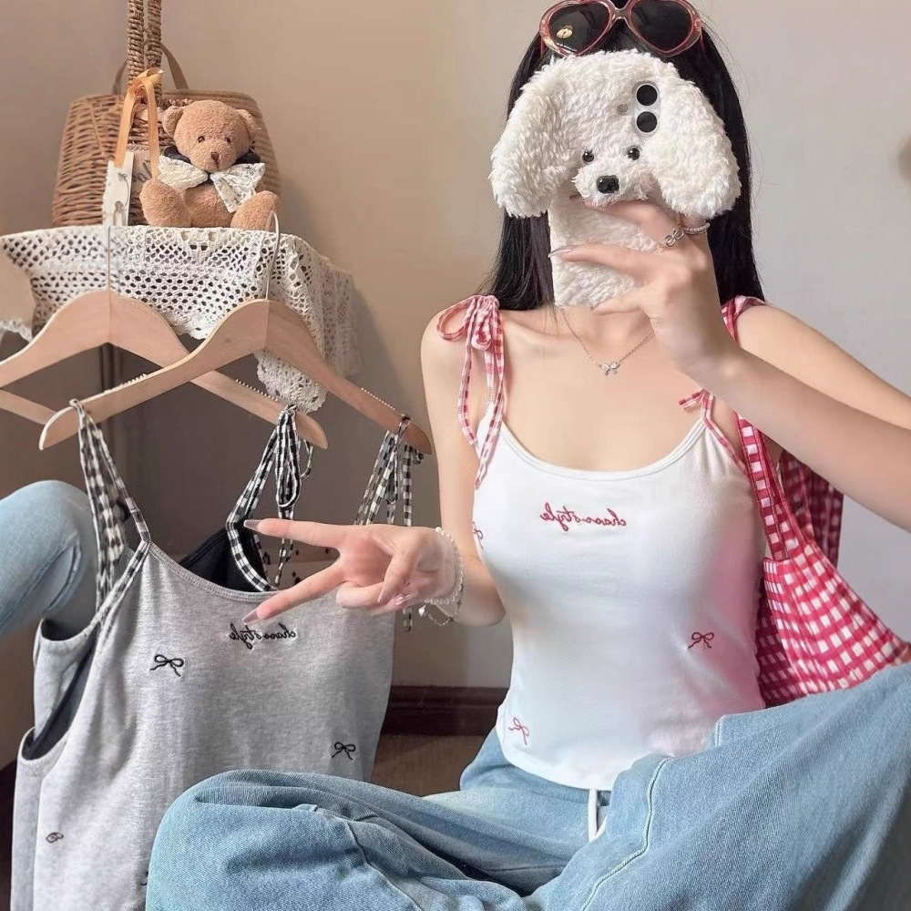 人棉格子绑带肩带设计感小吊带背心固定胸垫辣妹百搭外穿美背上衣