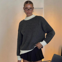 慵懒简约秋冬新款短款羊毛衫女圆领宽松加厚套头拼色毛衣厂家批发