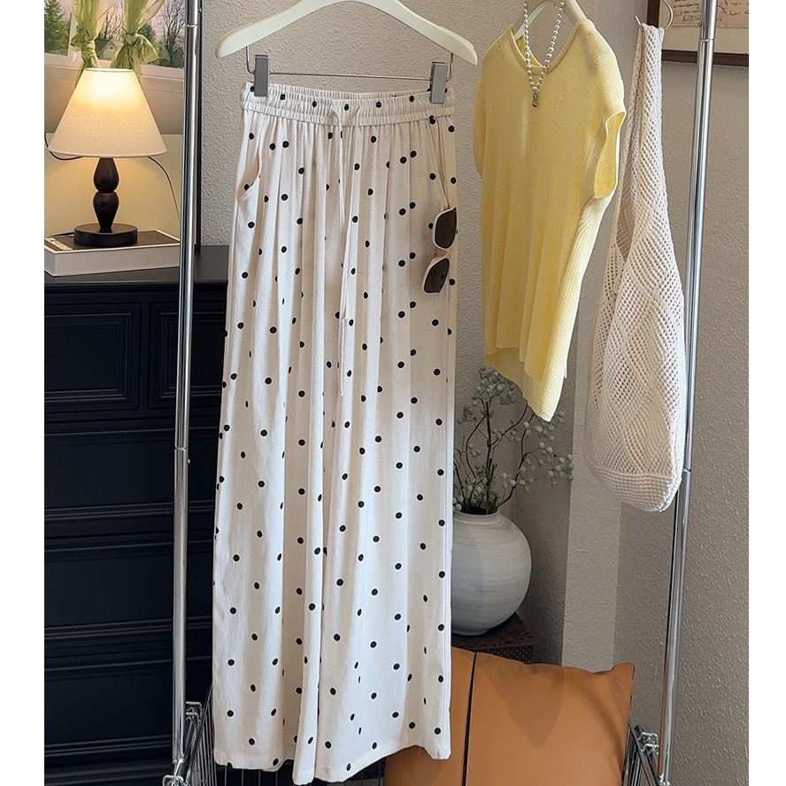 Muy colgante y suave ~ Pantalones de lunares de cintura elástica pantalones casuales de pierna ancha pantalones de lino de algodón color albaricoque 2025 pantalones frescos de verano